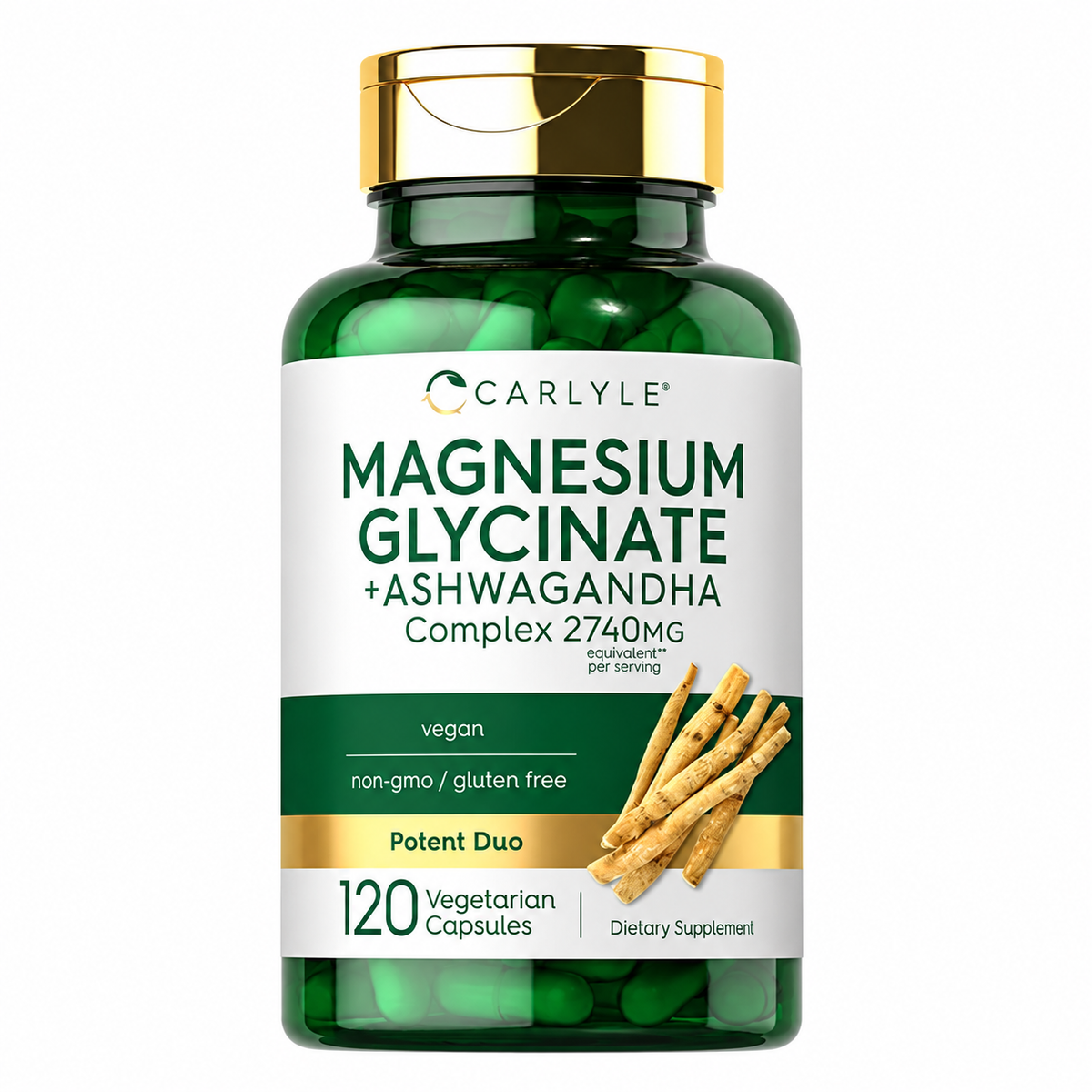 Carlyle Magnesium Glycinate + Ashwagandha Complex 2740mg – 120 Vegetarian Capsules