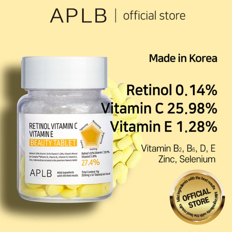APLB Retinol Vitamin C Vitamin E Beauty Tablet 500mg × 30 Tablets
