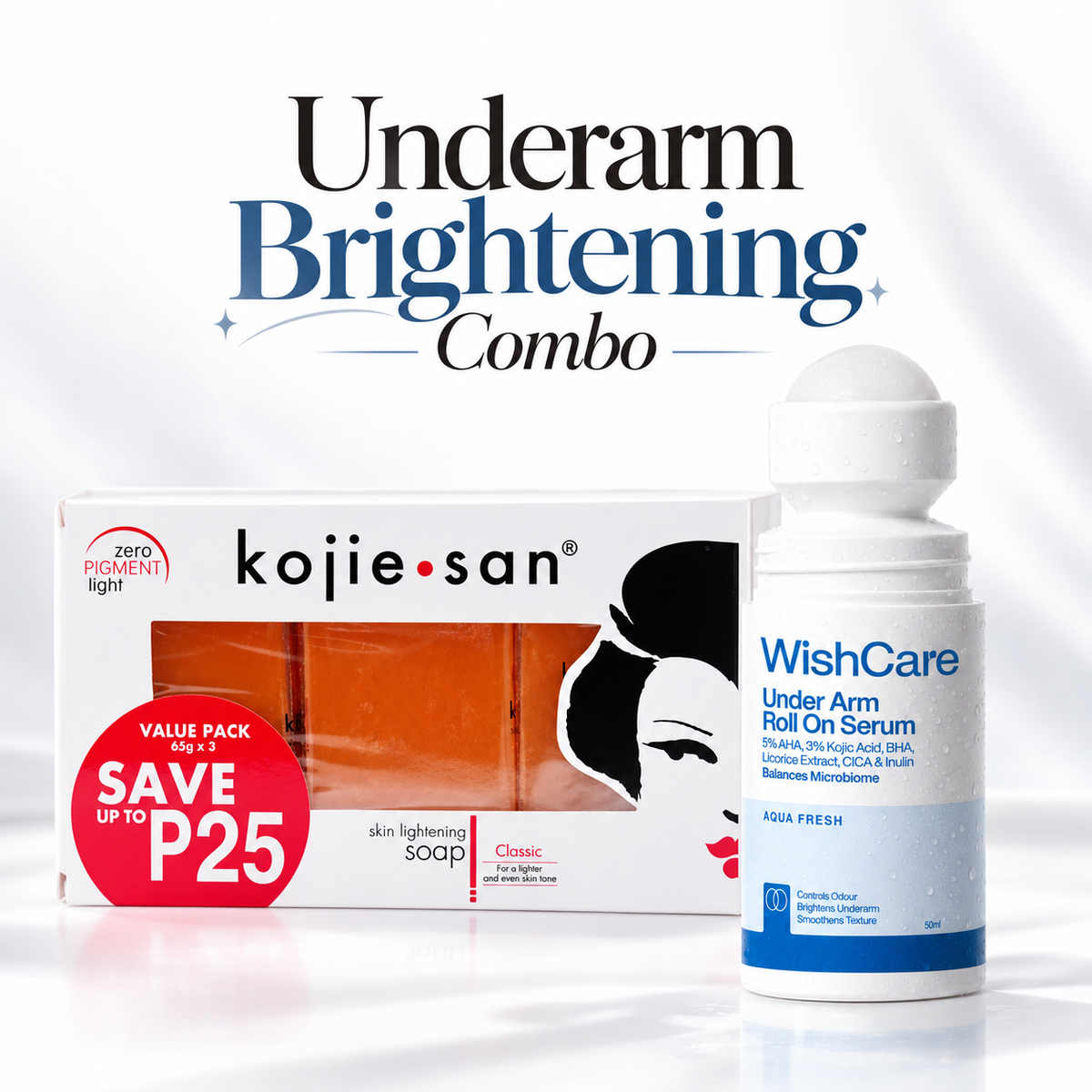 Kojie San 3Pcs Soap Value Pack + WishCare Roll On | Underarm Brightening Value Combo