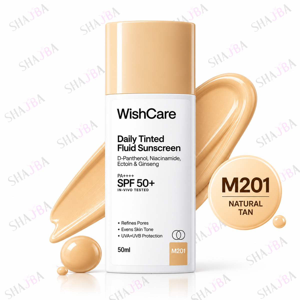 WishCare Daily Tinted Fluid Sunscreen SPF 50+ PA++++ – M201 Natural Tan, 50ml