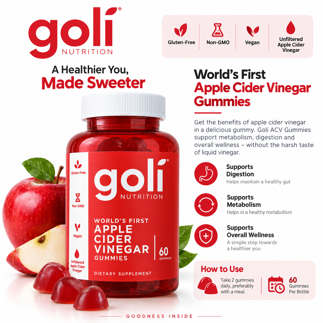 Goli Apple Cider Vinegar Gummies – 60 Gummies