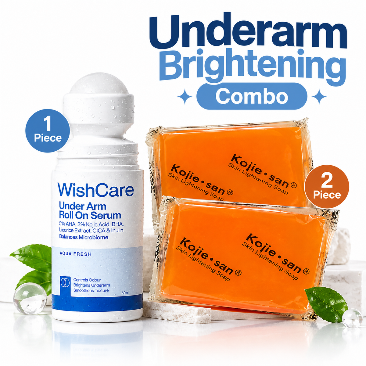 Kojie San 2Pcs Soap + WishCare Under Arm Roll On | Underarm Brightening Combo