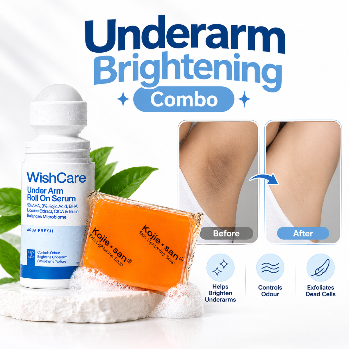 Kojie San 2Pcs Soap + WishCare Under Arm Roll On | Underarm Brightening Combo